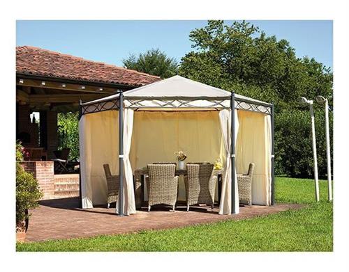 Gazebo esagonale diam. 4 m in ferro con antivento e tende