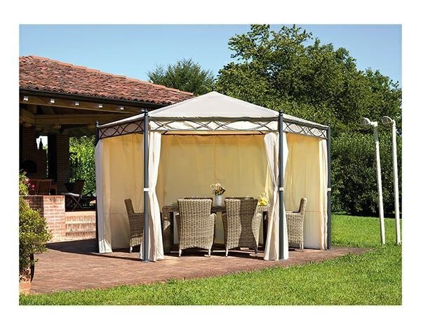 Gazebo esagonale diam. 4 m in ferro con antivento e tende