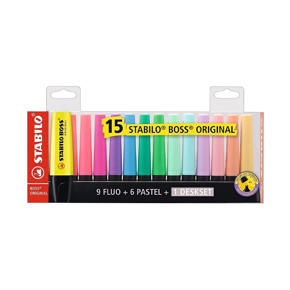 Stabilo boss set scrivania 15 evidenziatori fluo e pastello
