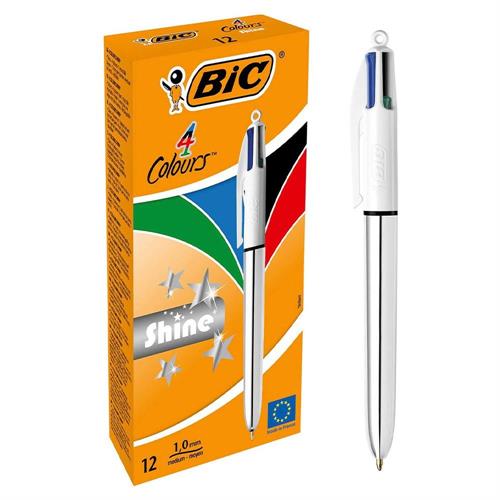 BIC 4 Colours Shine Penna sfera a scatto, fusto argento