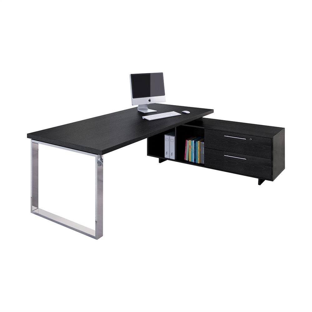 Scrivania 225x170x74h cm, con mobile, gamba ad anello, Nero