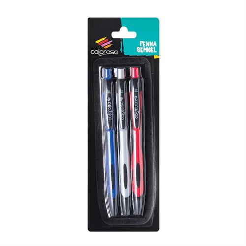 Colorosa Penna Semigel a scatto punta media, blister 3 pezzi