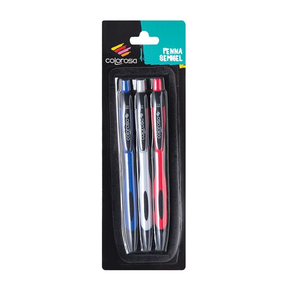 Colorosa Penna Semigel a scatto punta media, blister 3 pezzi