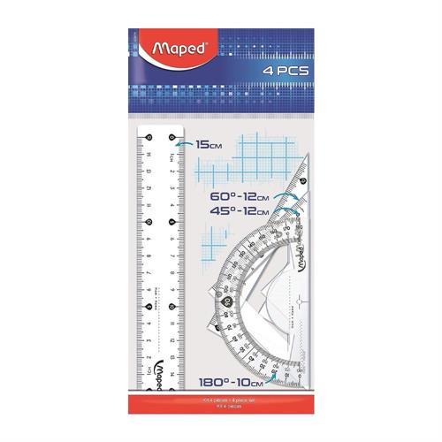 Maped Kit 4 pezzi per astuccio: riga, goniometro, 2 squadre