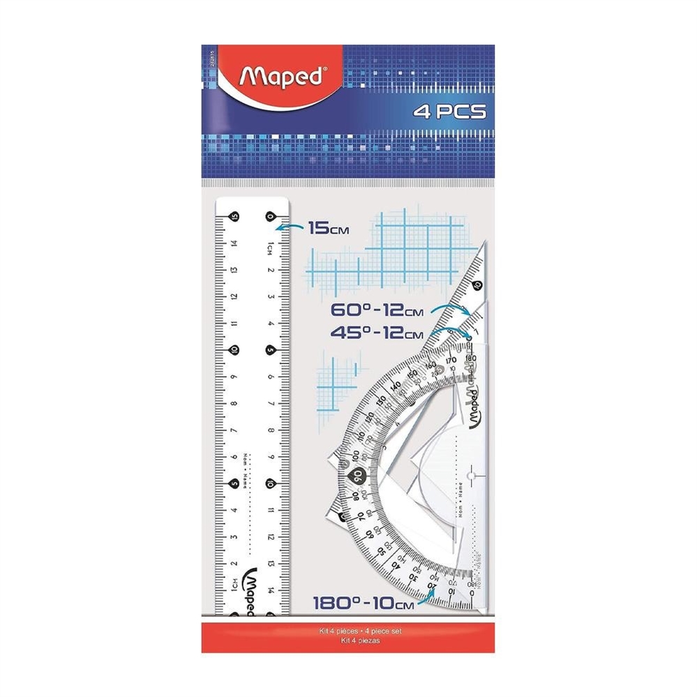 Maped Kit 4 pezzi per astuccio: riga, goniometro, 2 squadre