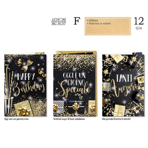Cromo Biglietti Compleanno glitterati party, 12 Pezzi