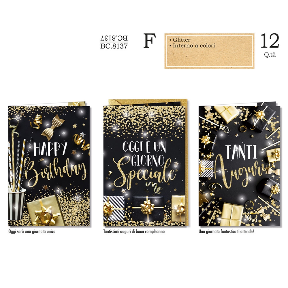 Cromo Biglietti Compleanno glitterati party, 12 Pezzi