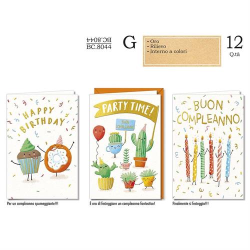 Cromo Biglietti Compleanno cactus e ciambelle, 12 Pezzi