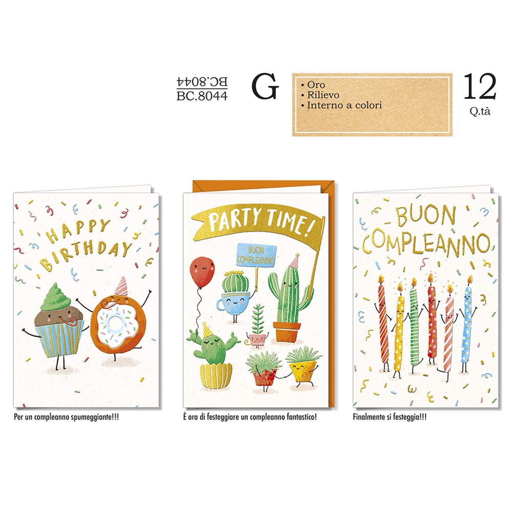 Cromo Biglietti Compleanno cactus e ciambelle, 12 Pezzi