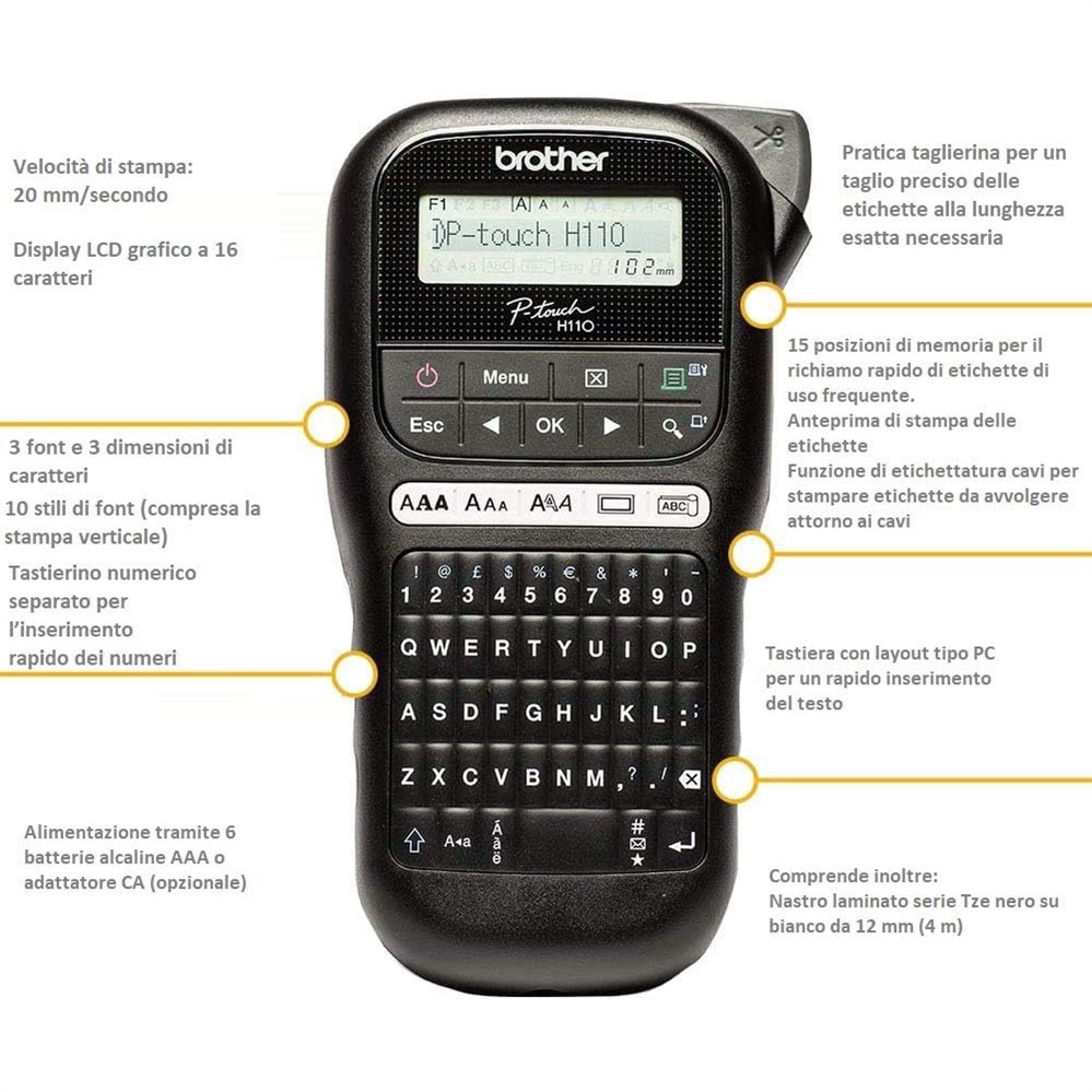 BROTHER PT-H110 Etichettatrice portatile fino a 12 mm, Nero