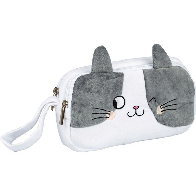 CENTRUM Astuccio in peluche doppia zip Gatto, Bianco