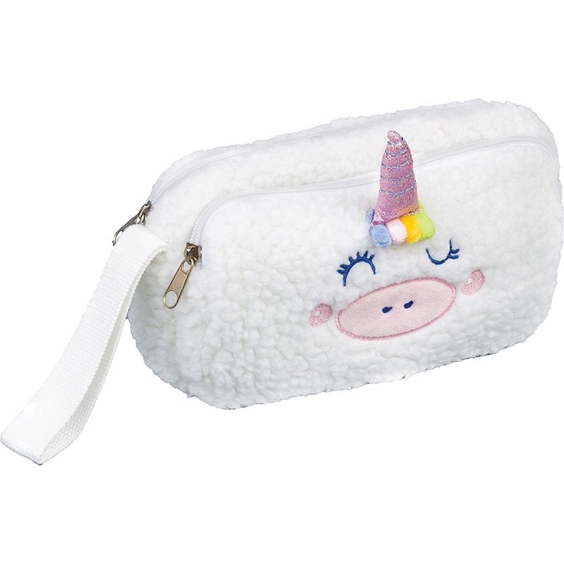 CENTRUM Astuccio in peluche doppia zip Unicorno, Bianco
