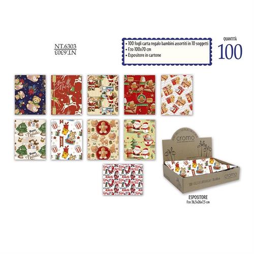 Cromo Espositore Carta regalo Natale bambino fogli assortiti, 100 pezzi