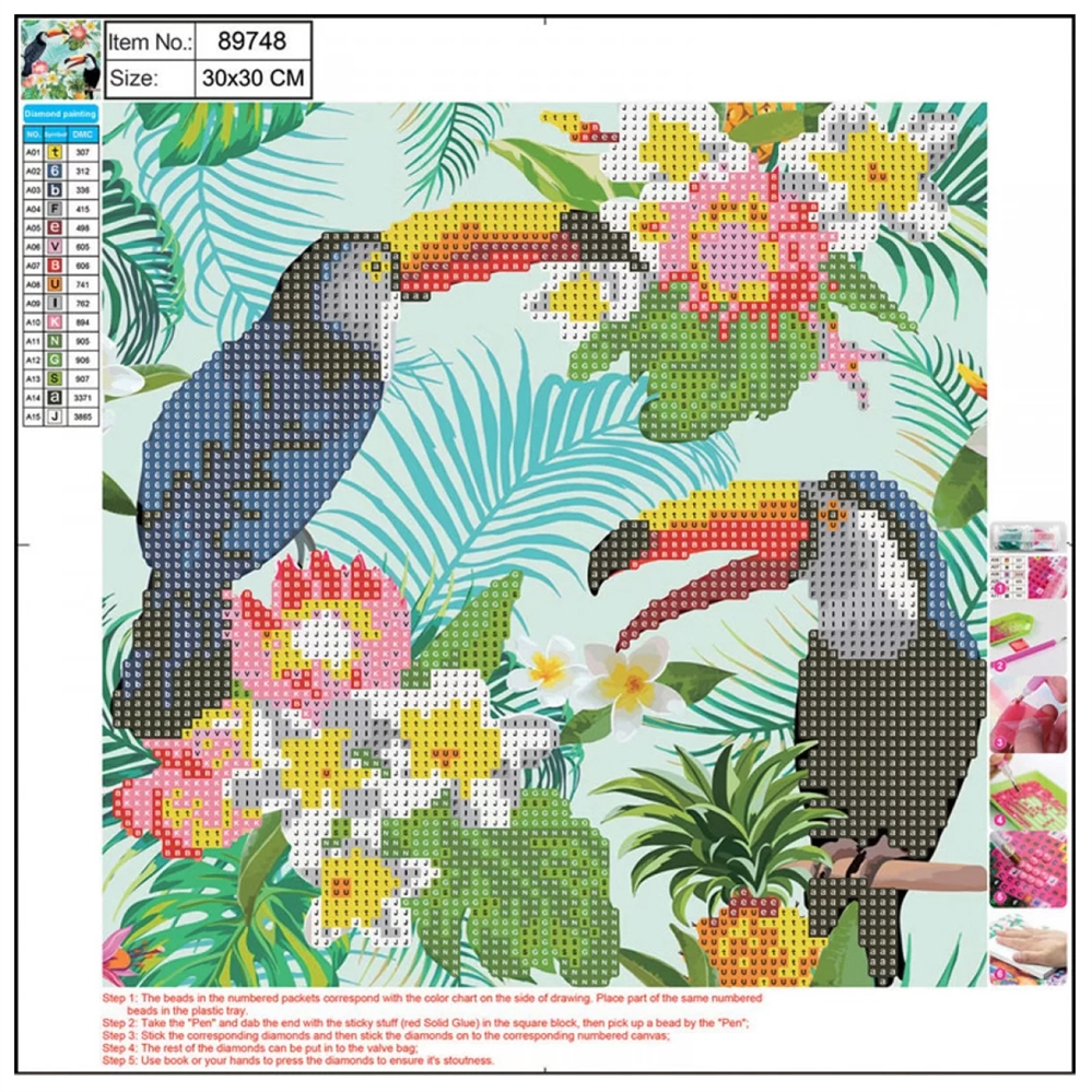 CENTRUM Mosaico Diamanti TUCANI su tela 5D con numeri, 30x30cm