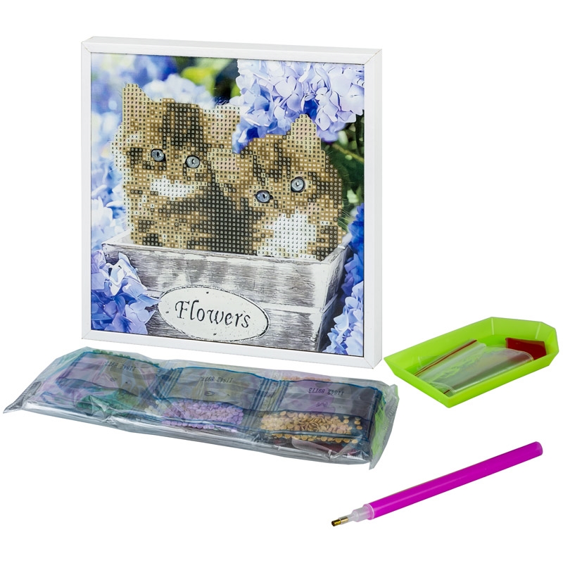 CENTRUM Mosaico Diamanti GATTINI con cornice legno, 20x20cm