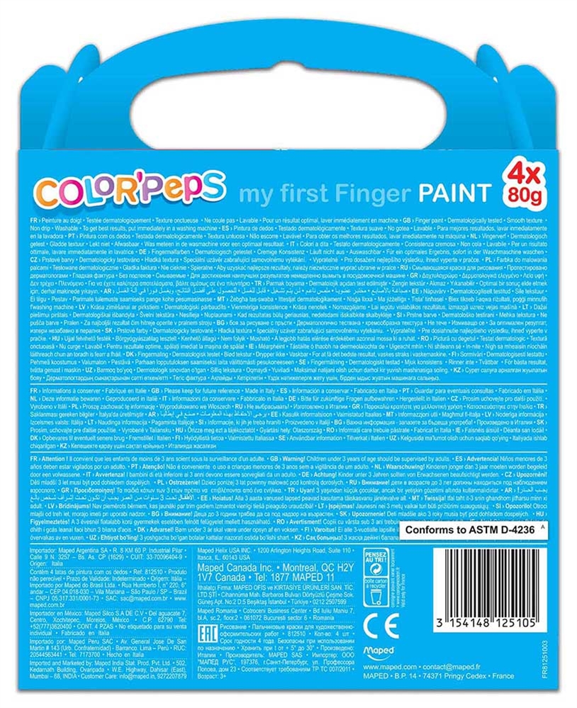 MAPED Colori tempere a dita 80G, Box 4 pezzi