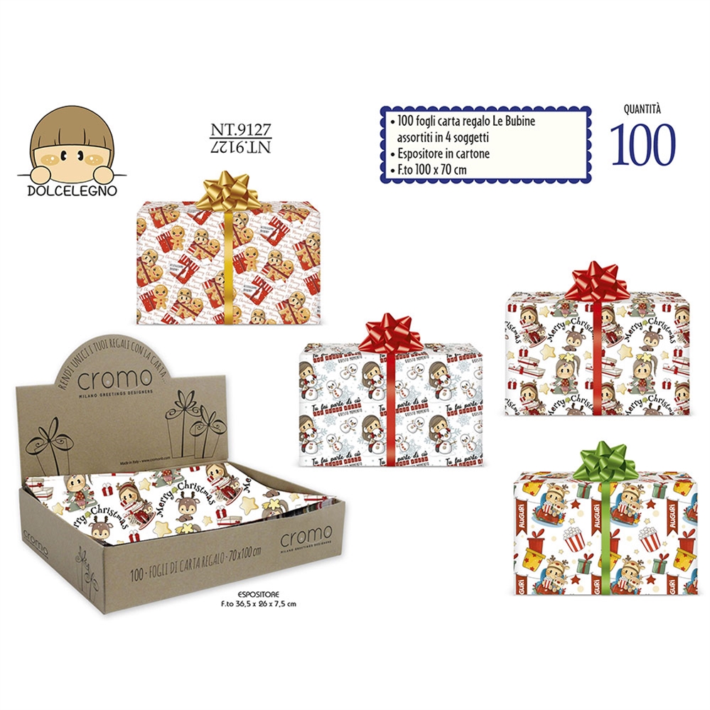 Cromo Espositore Carta regalo Bubine Natale fogli assortiti,100 pezzi