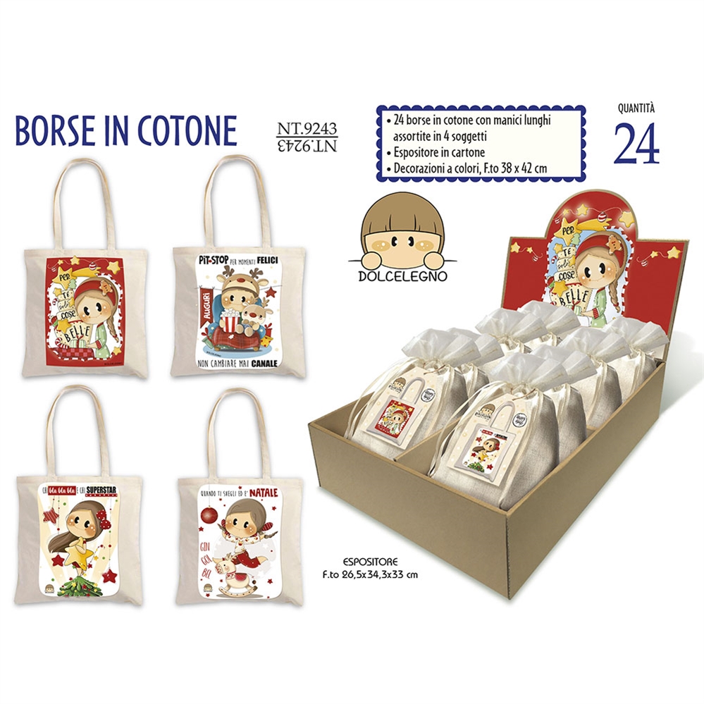 Cromo Espositore Borse in cotone Bubine Natale assortite,24 pezzi
