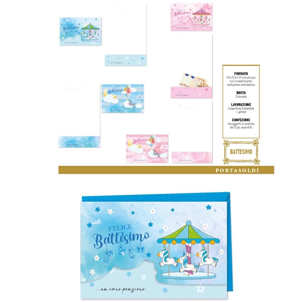 Blue World Paper Biglietti Auguri Battesimo, 4 soggetti, 12 pezzi