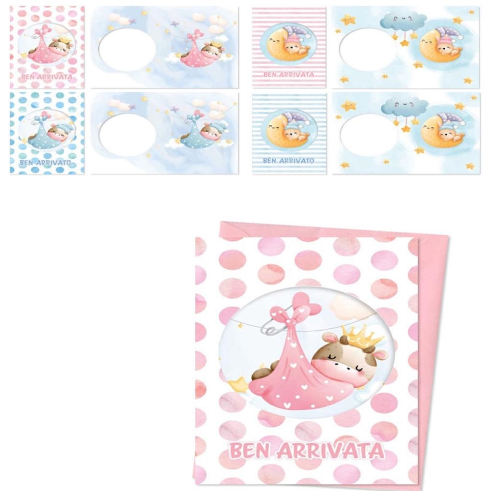 Blue World Paper Biglietti Auguri Nascita, 4 soggetti, 12 pezzi