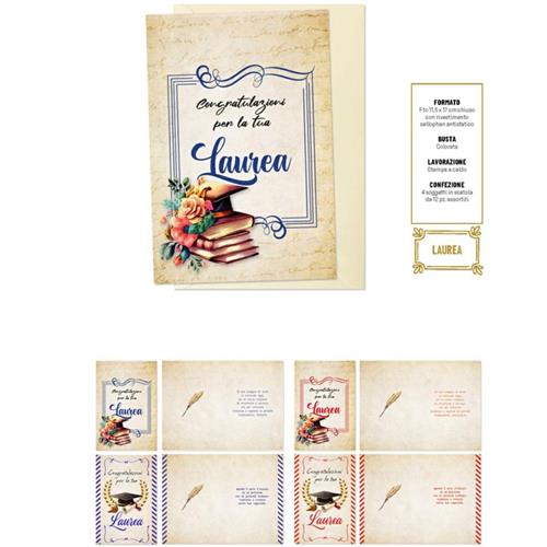 Blue World Paper Biglietti Auguri Laurea, 4 soggetti, 12 pezzi