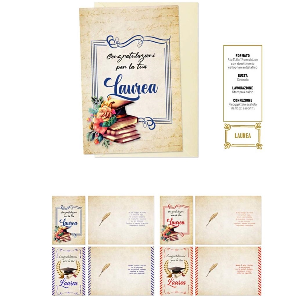 Blue World Paper Biglietti Auguri Laurea, 4 soggetti, 12 pezzi