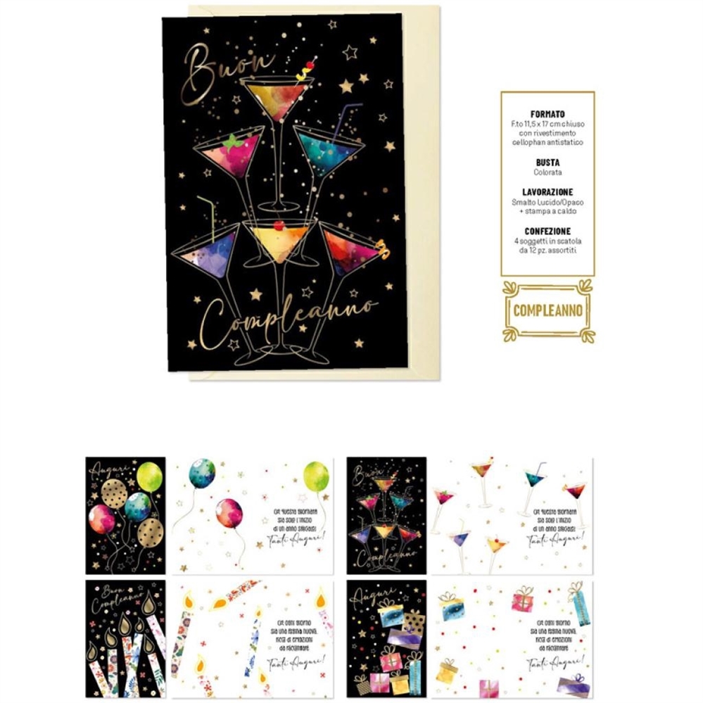 Blue World Paper Biglietti Auguri Compleanno, 4 soggetti, 12 pezzi