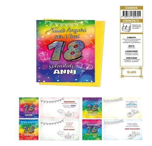 Blue World Paper Biglietti Auguri 18 anni, 4 soggetti, 12 pezzi