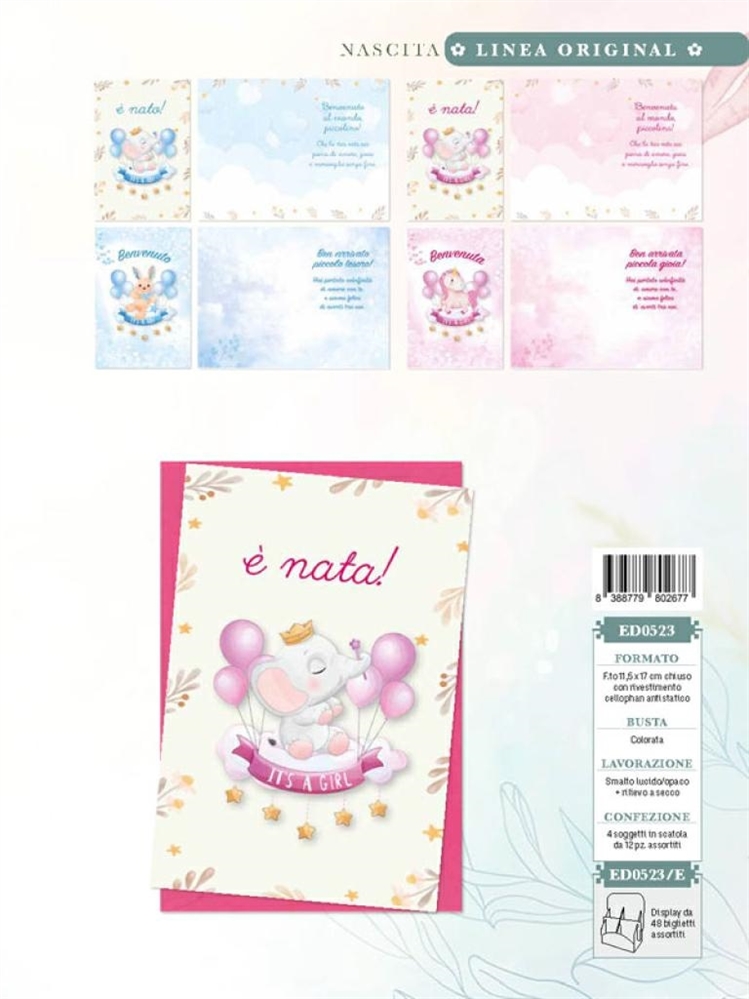 Blue World Paper Biglietti Auguri Nascita, 4 soggetti, 12 pezzi