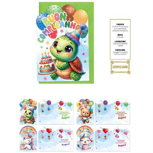 Blue World Paper Biglietti Auguri Compleanno, 4 soggetti, 12 pezzi