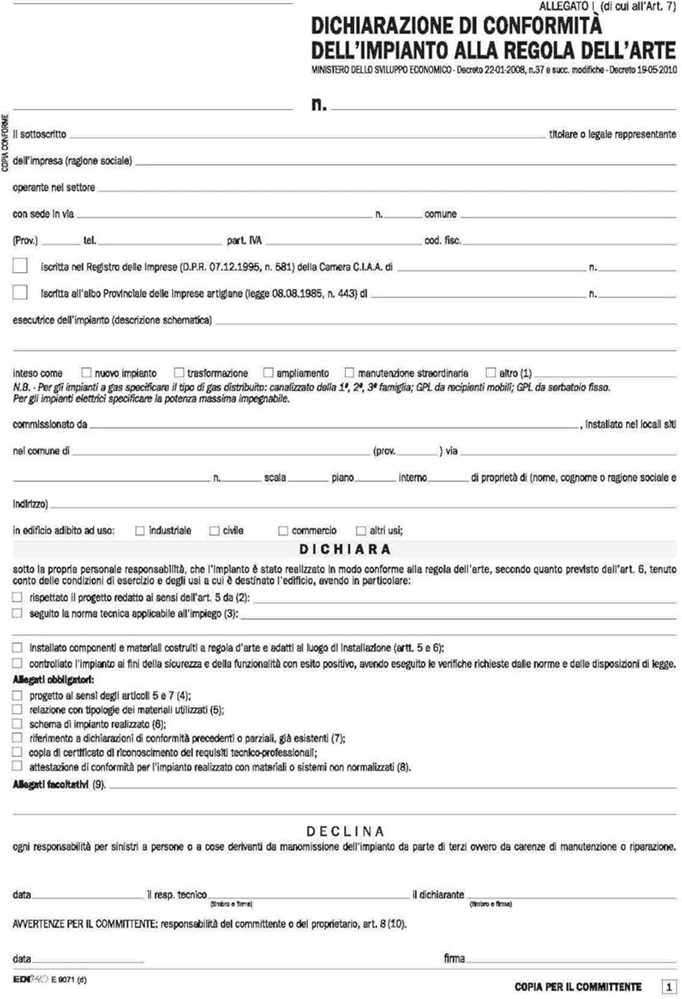 EDIPRO Dichiarazione conformità impianto (allegato I), 5 copie