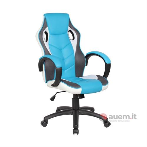 Sedia gaming ergonomica girevole, elevabile bianca e azzurra