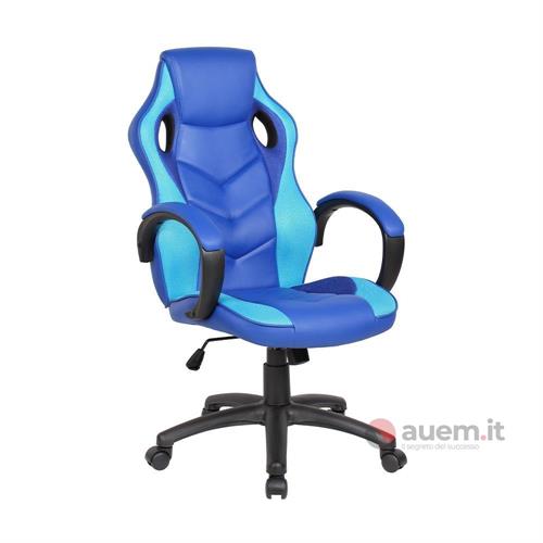 Sedia gaming ergonomica girevole ed elevabile blu e azzurra-en