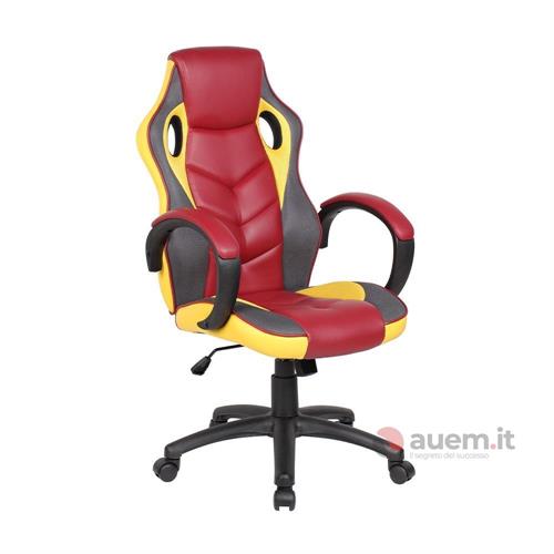 Sedia gaming ergonomica girevole, elevabile gialla e rossa