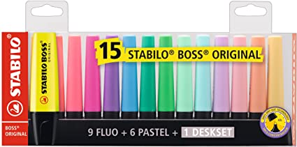 Stabilo boss set scrivania 15 evidenziatori fluo e pastello